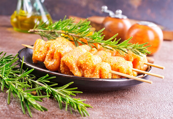 Raw chicken meat shish kebab skewers. chicken with spice