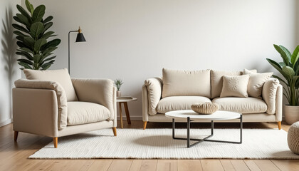 Minimalist Living Room Interior with Beige Sofa and Armchair