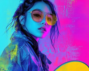 Asian girl with a skateboard, bold neon pop art background, youthful and rebellious