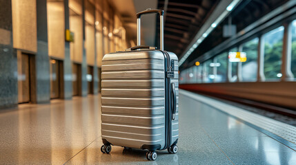 A traveler's silver suitcase awaits at a train station platform in the early morning light, showcasing the journey's beginning