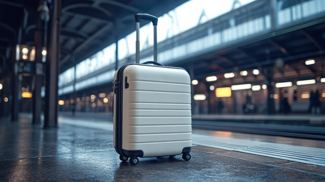 A traveler's silver suitcase awaits at a train station platform in the early morning light, showcasing the journey's beginning