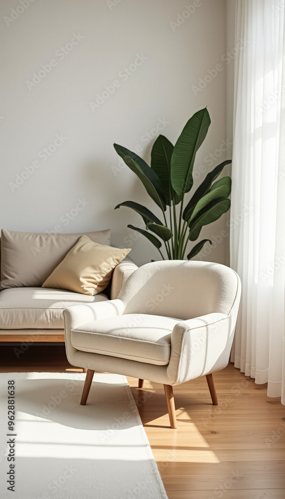 Sticker White armchair with wooden legs in a minimalist living room