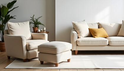 Cozy living room with beige sofa and armchair