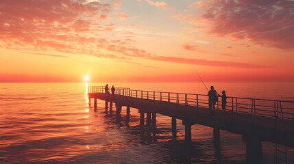 Fototapeta premium Sunset Fishing on a Pier Golden Hour Serenity