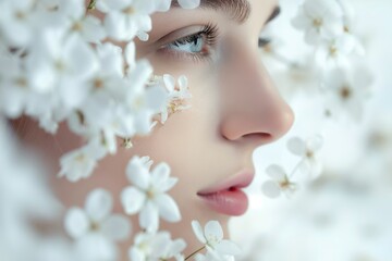 Fototapeta premium Stunning woman surrounded by white flowers. Intimate, private atmosphere with copyspace. Artistic beauty, elegance. Perfect for perfume fragrance, decor inspiration, femininity.