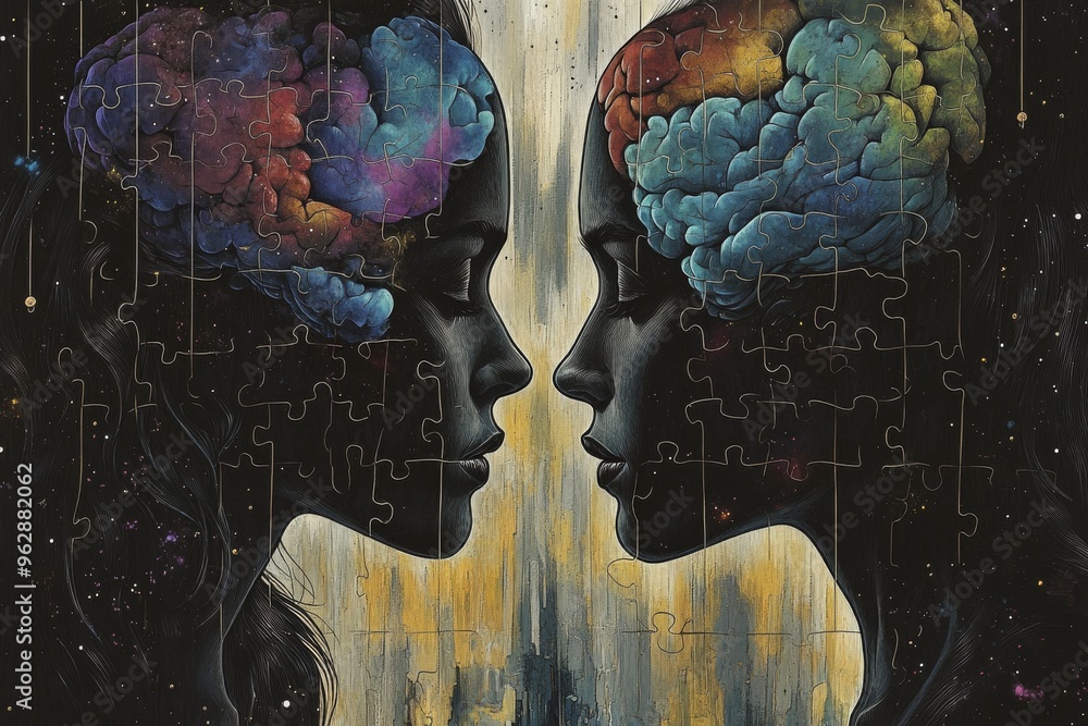 Poster brain chip brain imaging two glowing heads facing each other symbolizing deep intellectual exchange 