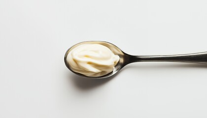 A single dollop of mayonnaise in a silver spoon on a white surface.