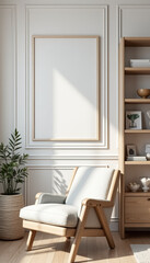 Modern living room with a cozy armchair and a framed poster