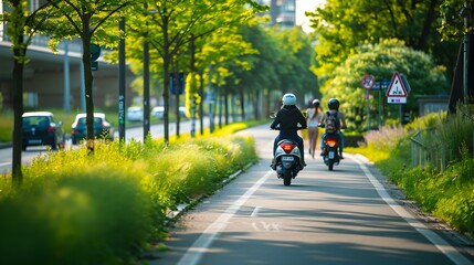 Naklejka premium Motorbike on a Bike Lane in a City Street