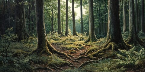 Oil painting depicting forest scenery featuring weeds and the traces of tree roots
