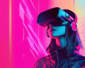 Asian girl with virtual reality headset, neon digital pop art background, futuristic and techsavvy