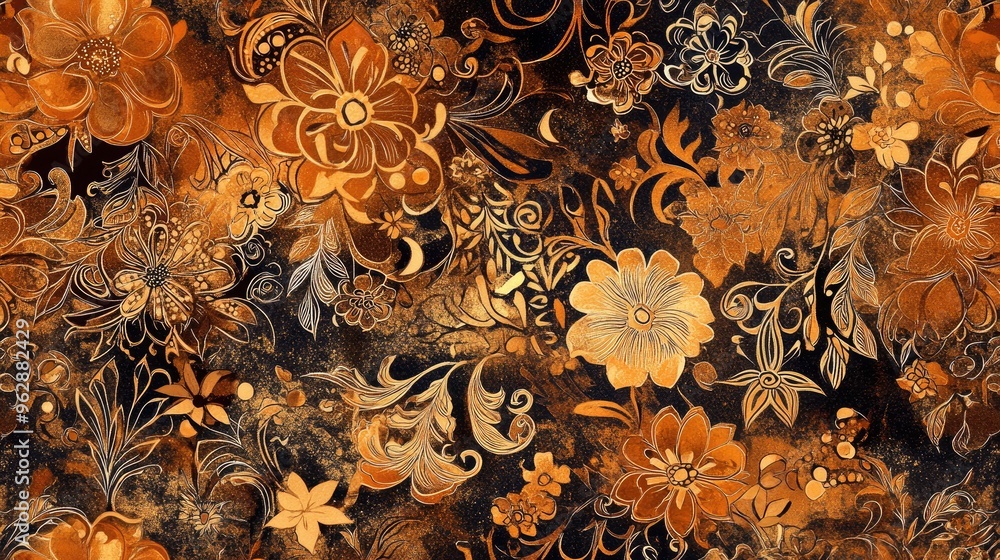 Poster a high-resolution digital rendering of an indonesian batik fabric pattern featuring intricate floral