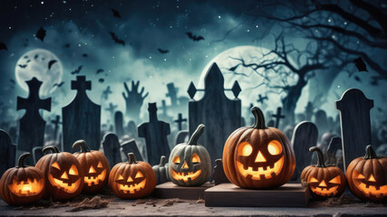 Halloween night background featuring a foggy graveyard and glowing jack-o-lanterns.