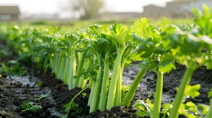 Obraz premium Fresh Celery Stalks Growing in a Garden Field