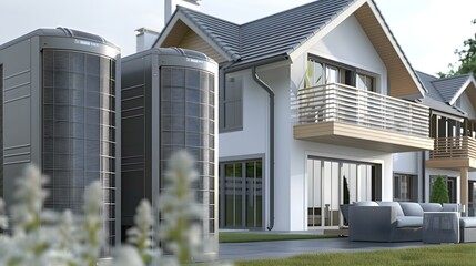 Fototapeta premium Modern Home with Heat Pump System Sustainable Design and Outdoor Living