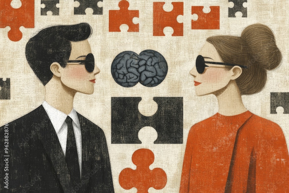Poster neuronal circuits brain imaging retro style couple wearing glasses with visible brains symbolizing i