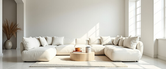 Modern Living Room Interior with White Sofa and Wooden Coffee Table