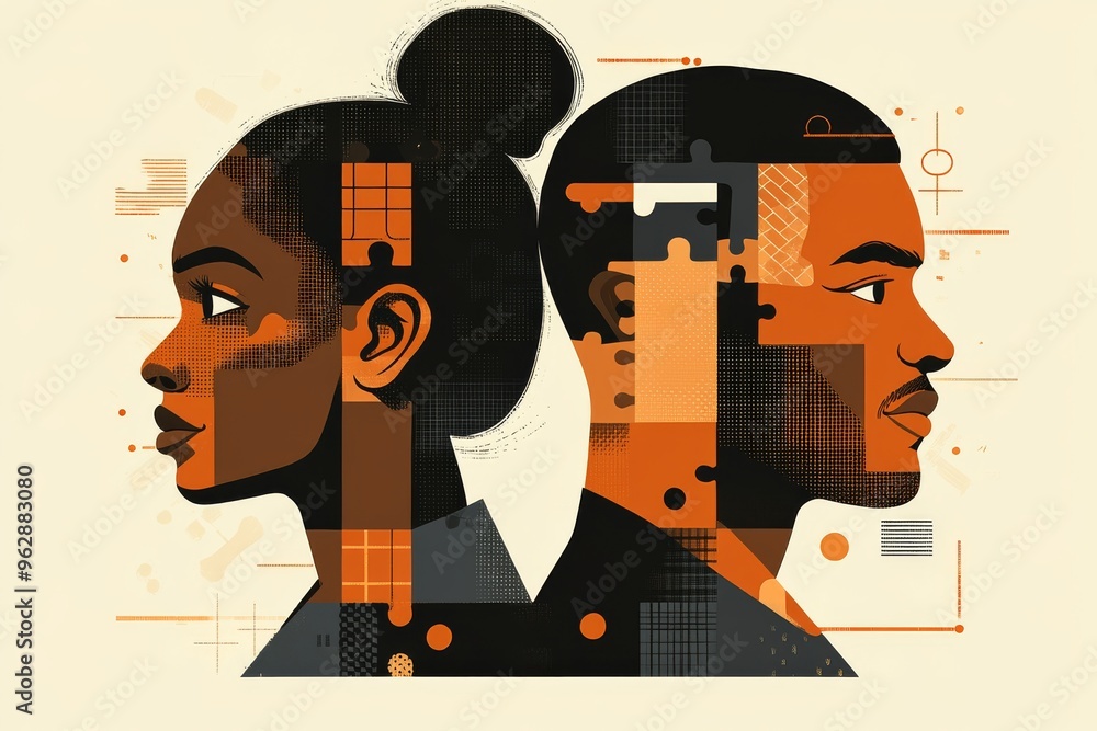 Poster brain head brain imaging modern illustration of a man and woman with visible neural networks symboli
