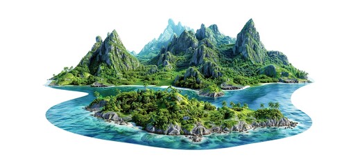 3D rendering of a tropical island with lush green vegetation, white sandy beaches, and clear blue water. Perfect for travel, tourism, and vacation.