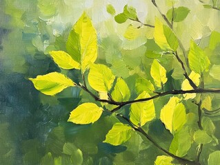 Oil painting depicting fresh leaves in early spring celebrating the vibrant colors of spring foliage