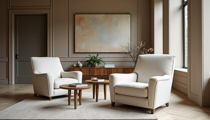 Two White Armchairs and Side Tables in a Modern Living Room