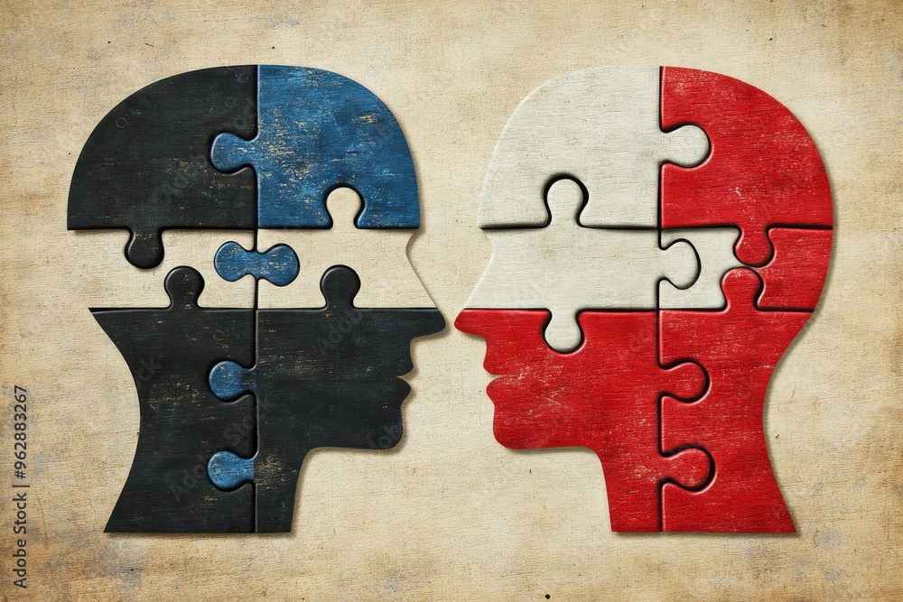Poster neuroconnectivity brain imaging two heads with puzzle pieces missing symbolizing cognitive gaps inte