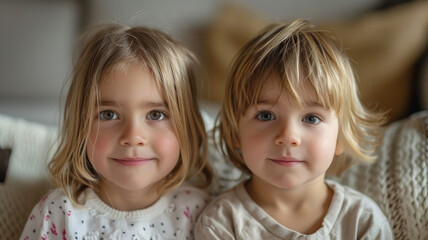 Two adorable blonde children smiling together, showcasing their joyful expressions.