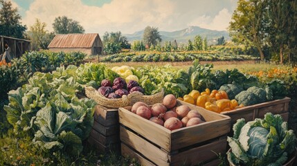 Oil painting depicting fresh vegetables in a farming and gardening setting