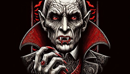 Highly detailed Nosferatu illustration with red and black color scheme, menacing vampire with sharp fangs, blood dripping, pointed ears, long claws, gothic design, and eerie bats in the background