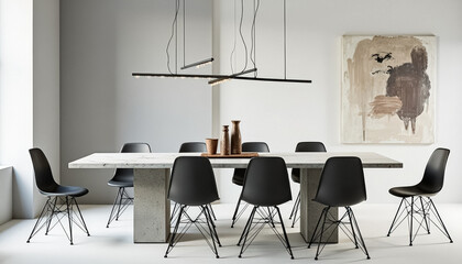 Minimalist Dining Room with Concrete Table and Black Chairs