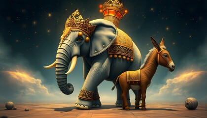 Obraz premium Majestic Elephant and Donkey in a Fantastical Setting