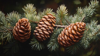 Fototapeta premium Oil painting showcasing cones from a European spruce tree highlighting their intricate details and natural beauty