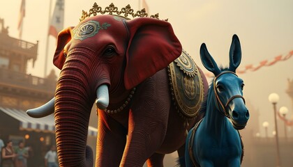 Majestic Elephant and Colorful Donkey at a Festival
