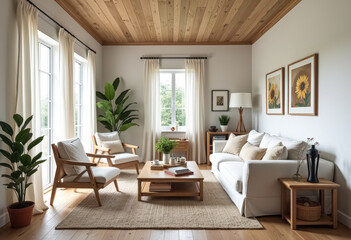Fototapeta premium Modern Living Room with Wooden Ceiling and Natural Light
