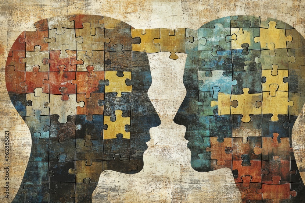 Poster cognitive network brain imaging textured heads with puzzle pieces missing symbolizing lost thoughts 
