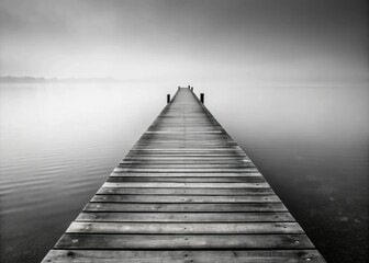 Fototapeta premium Stark monochromatic portrait of a weathered wooden pier jutting out into a foggy ocean abyss in a minimalist and moody black-and-white palette
