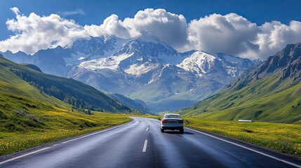 Car on the road in the mountains. Caucasus