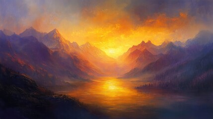 Fototapeta premium Oil painting depicting a stunning sunrise over a mountain range