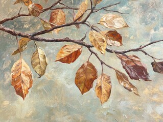 Close up oil painting featuring dried leaves on a tree branch