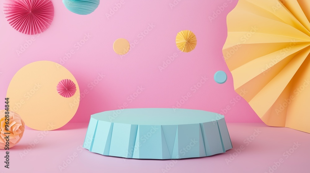 Aufkleber a geometric papercraft podium with angular folds and vibrant colors, surrounded by abstract floating