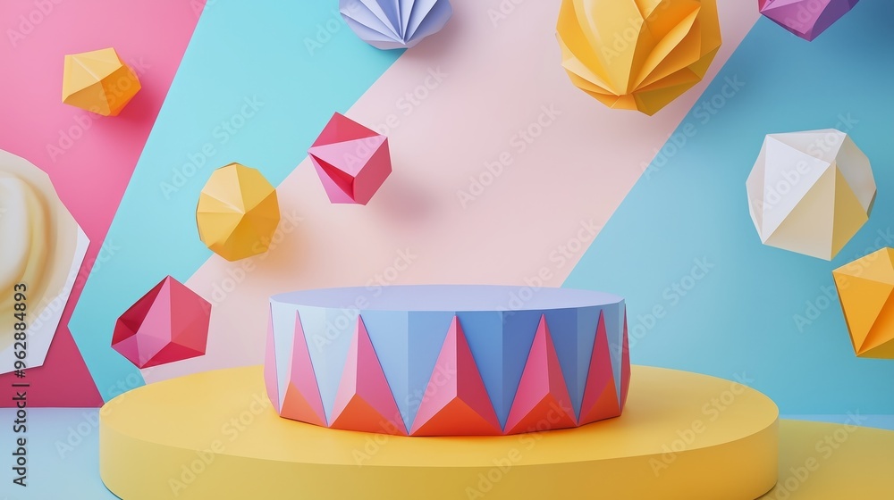 Aufkleber a geometric papercraft podium with angular folds and vibrant colors, surrounded by abstract floating