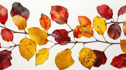 Fototapeta premium Autumn leaves in yellow and red against white backdrop.