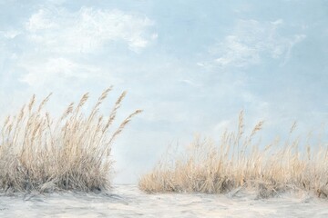 Fototapeta premium Oil painting depicting dry yellow gray reeds against a sky backdrop showcasing a serene natural scene with subtle color tones