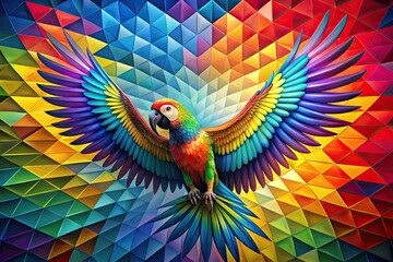 Obraz premium rainbow feathered parrot bursting out of geometric vector patterns psychedelic