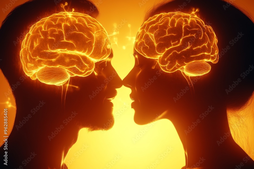 Poster neuronal energy neurogenetics two silhouettes with glowing brains symbolizing shared thoughts intell