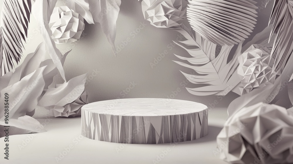 Poster a sculptural 3d papercraft podium made of intricate folded shapes, surrounded by abstract paper form