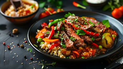 Fototapeta premium Beef Stir Fry with Grilled Vegetables and Rice Asian Cuisine
