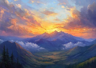 Obraz premium Oil painting showcasing a dramatic sunset over a majestic mountain range with clouds highlighting the beauty of nature and mountainous landscapes