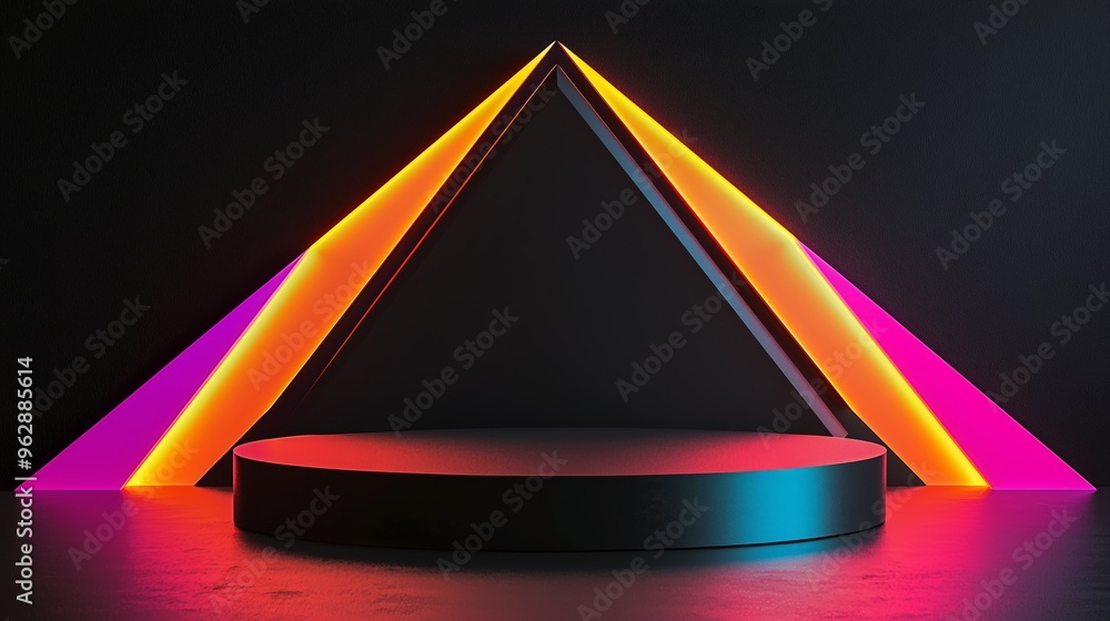 Poster a modern 3d papercraft podium with bold, angular shapes, set against a deep black background with vi