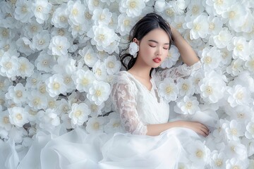 Asian woman lies amidst white flowers, elegant updo, high-end fashion. Woman relaxes with perfume concept in grand floral arrangement. Low-angle shot emphasizes her presence and luxurious setting.